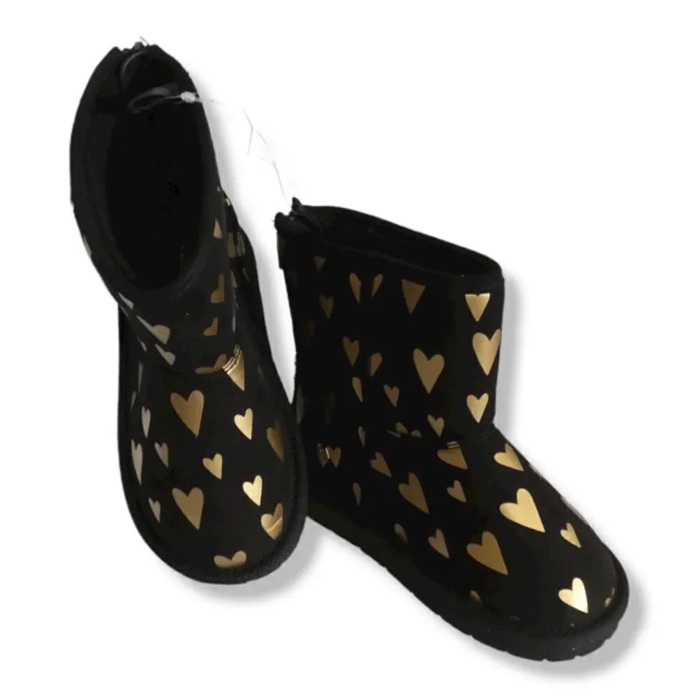 GAP Toddler Size 10 Black Metallic Gold Heart Sherpa Boots Back Zip Cozy Fall